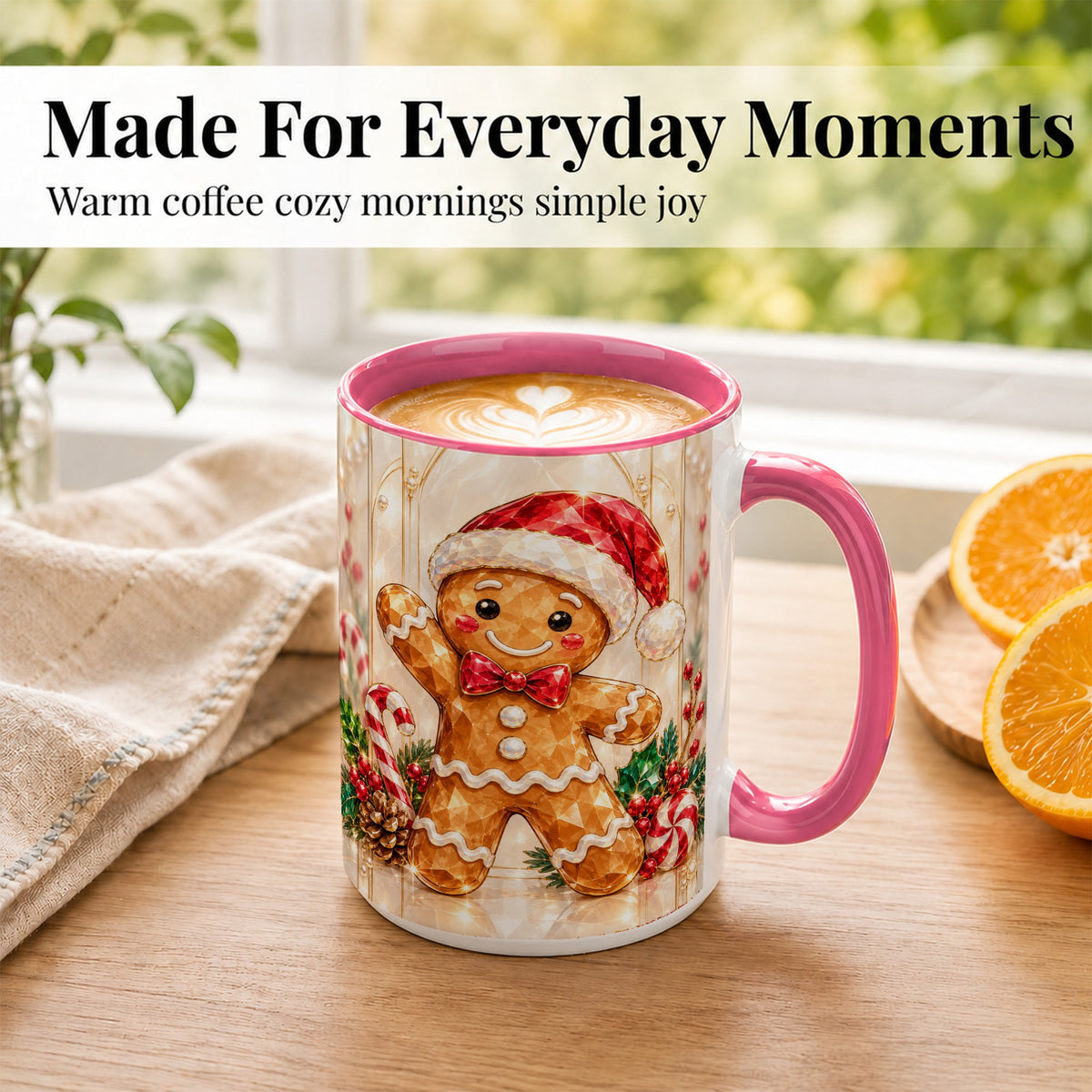 #pl[15oz|Pink] Gingerbread Santa Coffee Mug, Candy Cane Gingerbread Mug, Ceramic Cup