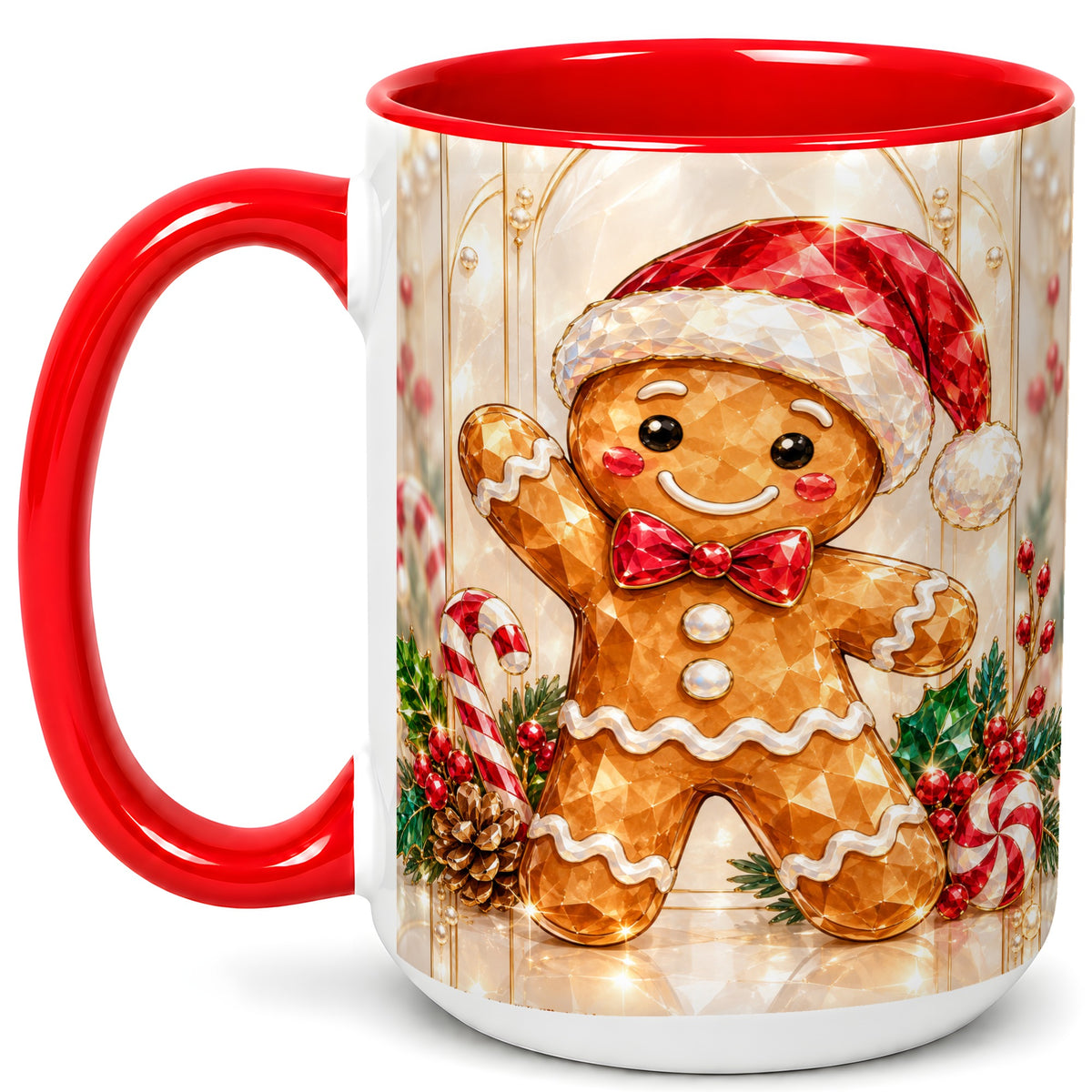 #pl[15oz|Red] Gingerbread Santa Coffee Mug, Candy Cane Gingerbread Mug, Ceramic Cup
