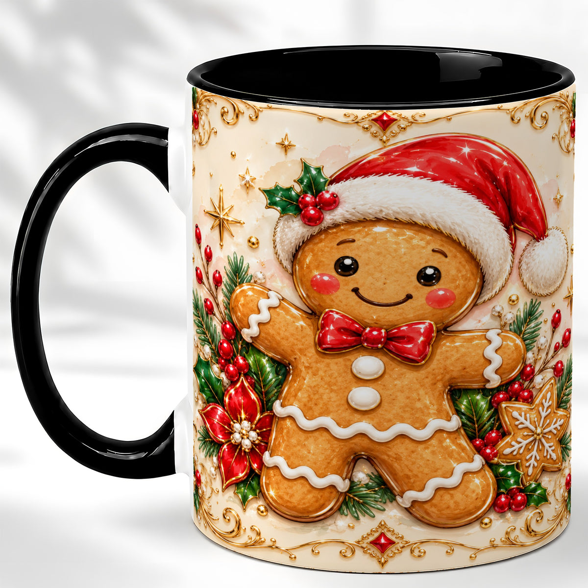 #pl[11oz|Black] Gingerbread Christmas Coffee Mug, Festive Gingerbread Mug, Ceramic Cup