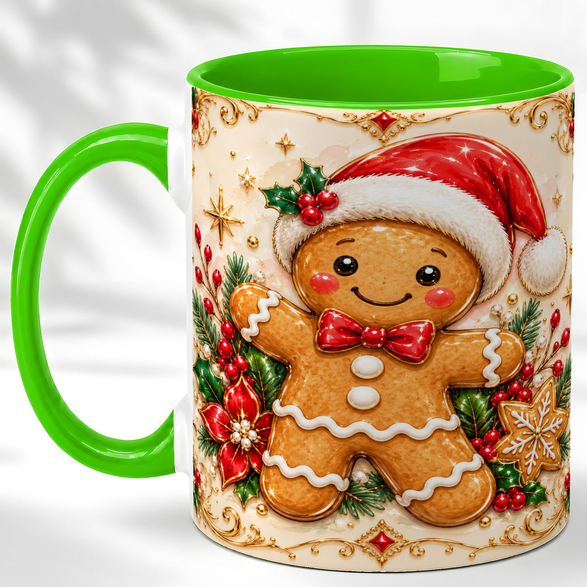 #pl[11oz|Green] Gingerbread Christmas Coffee Mug, Festive Gingerbread Mug, Ceramic Cup