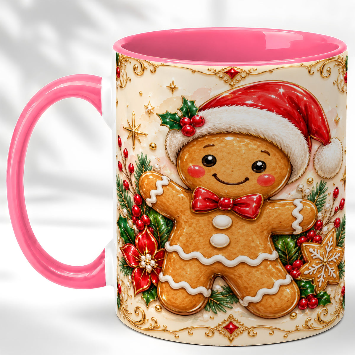 #pl[11oz|Pink] Gingerbread Christmas Coffee Mug, Festive Gingerbread Mug, Ceramic Cup
