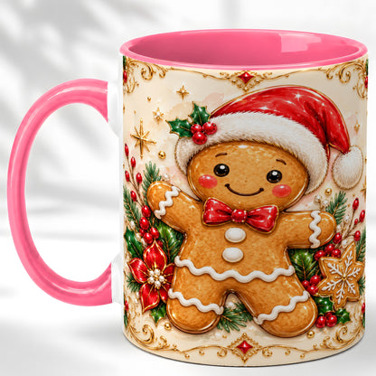 #pl[11oz|Pink] Gingerbread Christmas Coffee Mug, Festive Gingerbread Mug, Ceramic Cup