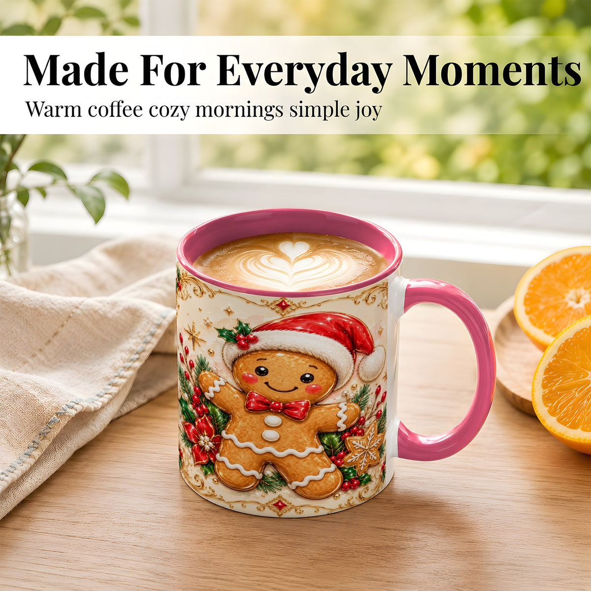 #pl[11oz|Pink] Gingerbread Christmas Coffee Mug, Festive Gingerbread Mug, Ceramic Cup
