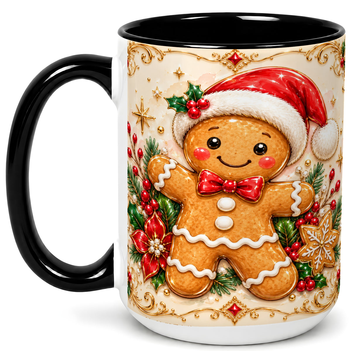 #pl[15oz|Black] Gingerbread Christmas Coffee Mug, Festive Gingerbread Mug, Ceramic Cup
