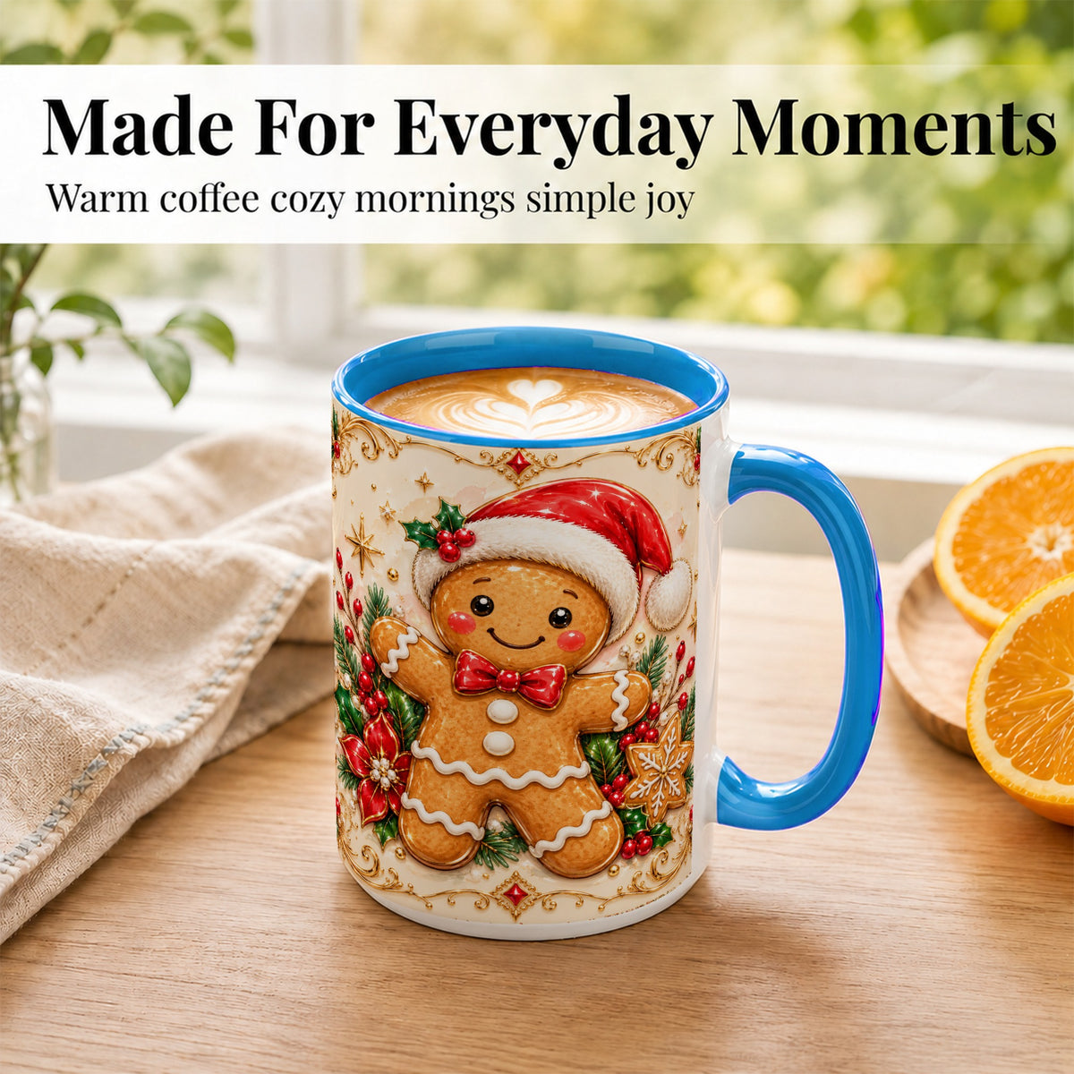 #pl[15oz|Blue] Gingerbread Christmas Coffee Mug, Festive Gingerbread Mug, Ceramic Cup