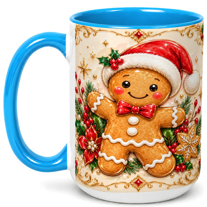 #pl[15oz|Blue] Gingerbread Christmas Coffee Mug, Festive Gingerbread Mug, Ceramic Cup