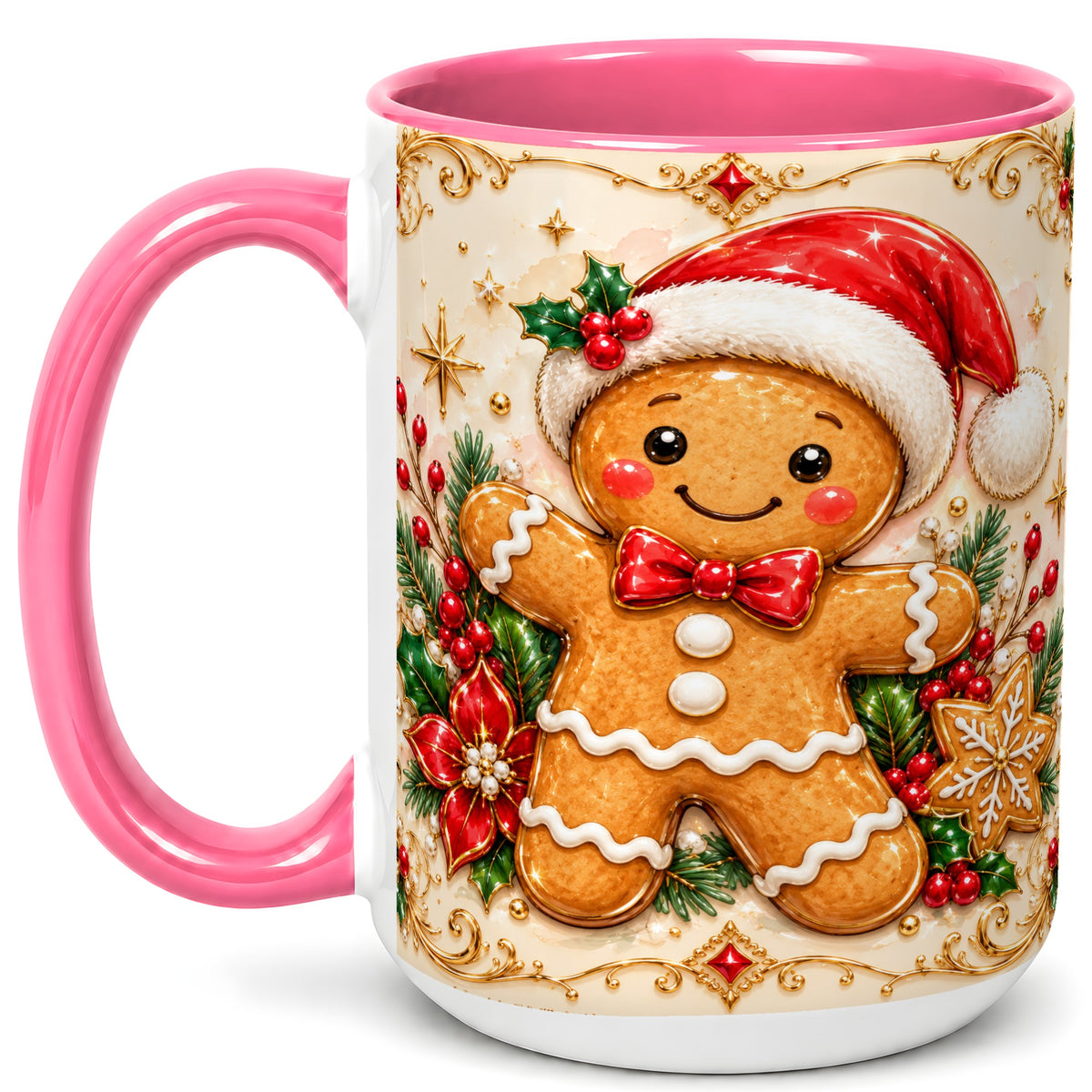 #pl[15oz|Pink] Gingerbread Christmas Coffee Mug, Festive Gingerbread Mug, Ceramic Cup