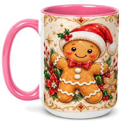 #pl[15oz|Pink] Gingerbread Christmas Coffee Mug, Festive Gingerbread Mug, Ceramic Cup