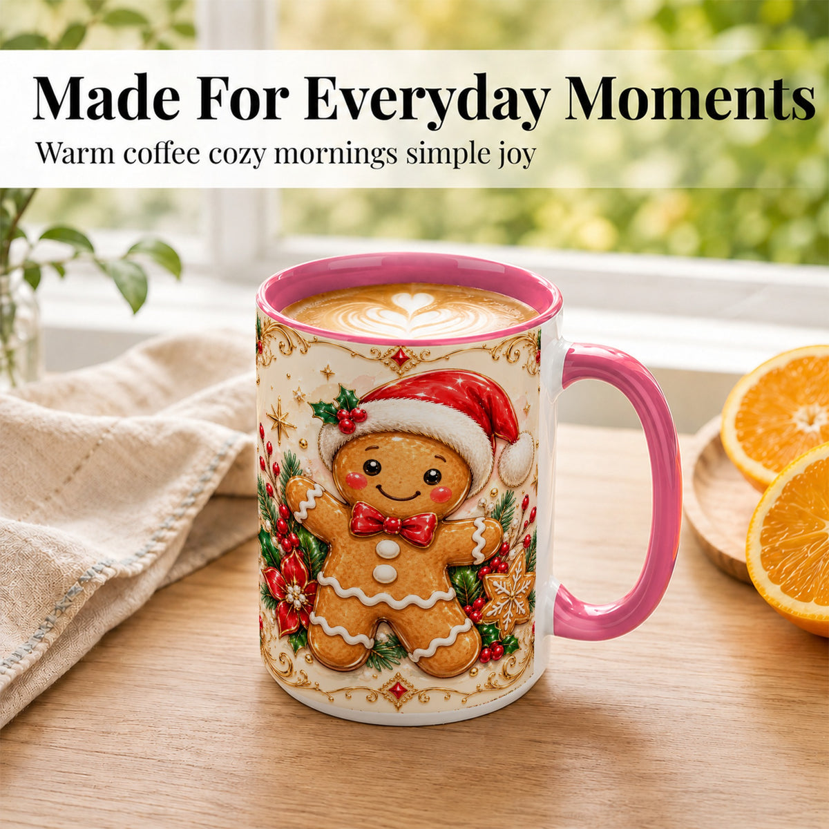 #pl[15oz|Pink] Gingerbread Christmas Coffee Mug, Festive Gingerbread Mug, Ceramic Cup