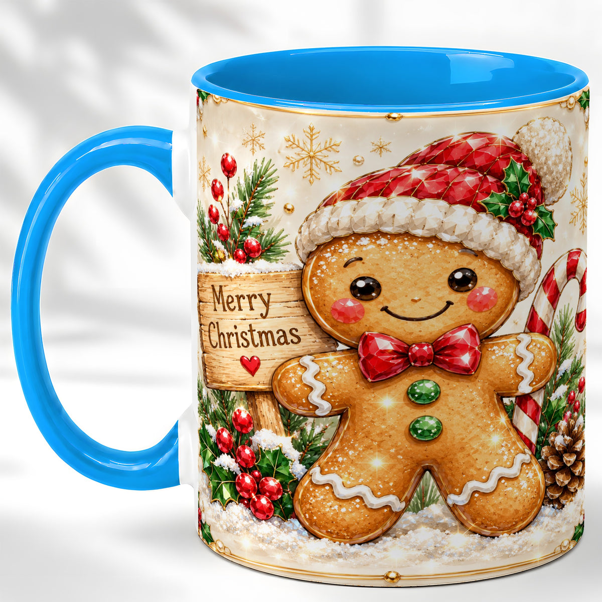 #pl[11oz|Blue] Gingerbread Christmas Coffee Mug, Santa Cookie Mug, Ceramic Cup