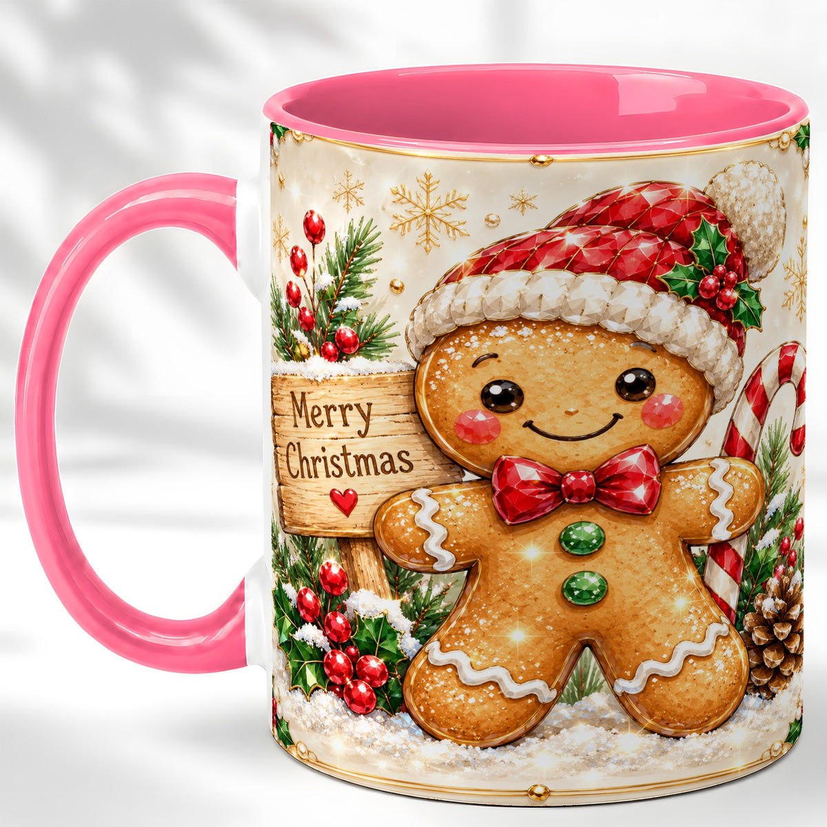 #pl[11oz|Pink] Gingerbread Christmas Coffee Mug, Santa Cookie Mug, Ceramic Cup