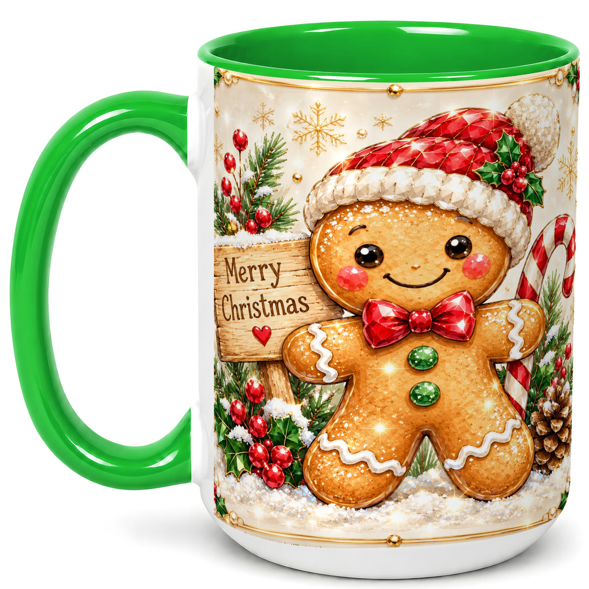 #pl[15oz|Green] Gingerbread Christmas Coffee Mug, Santa Cookie Mug, Ceramic Cup