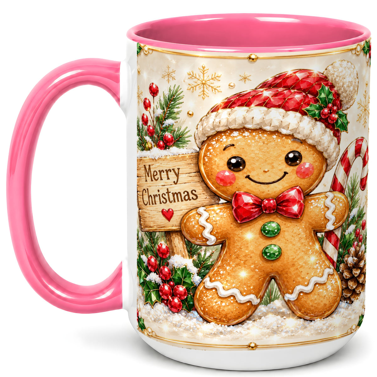 #pl[15oz|Pink] Gingerbread Christmas Coffee Mug, Santa Cookie Mug, Ceramic Cup
