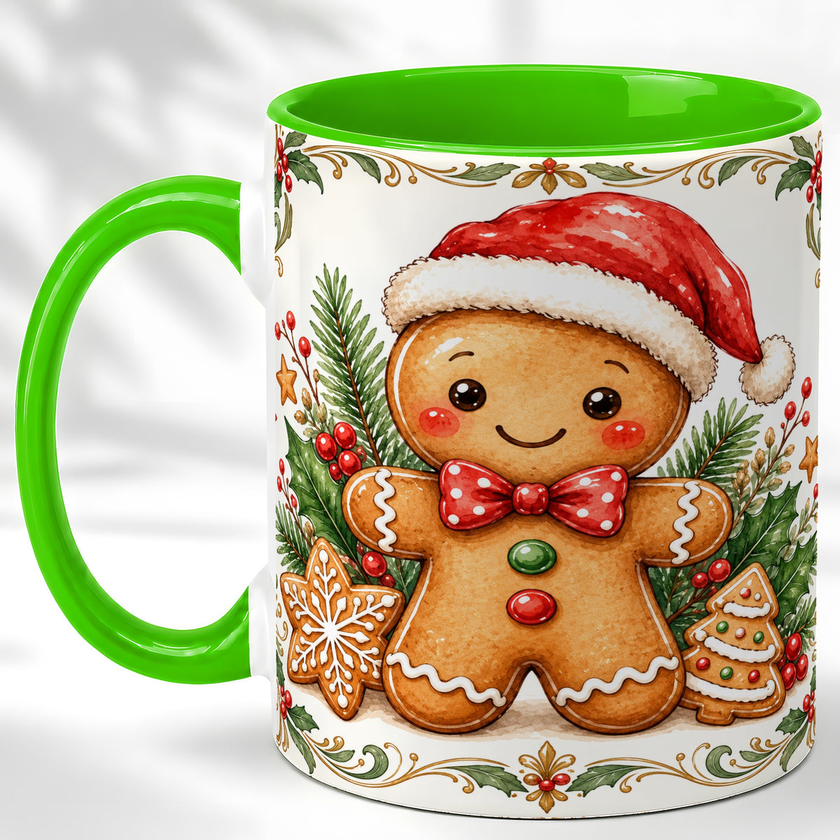 #pl[11oz|Green] Watercolor Gingerbread Coffee Mug, Christmas Cookie Mug, Ceramic Cup