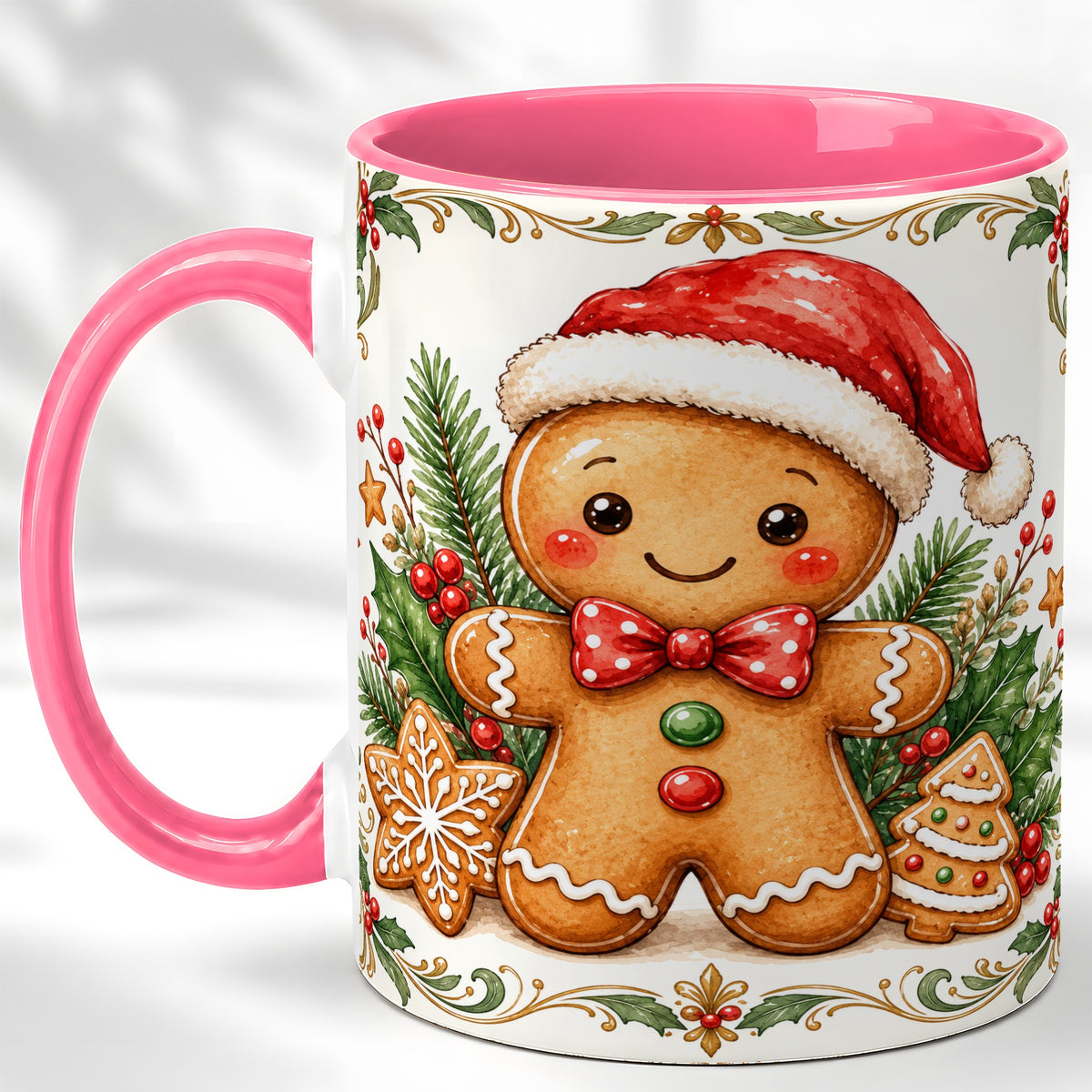 #pl[11oz|Pink] Watercolor Gingerbread Coffee Mug, Christmas Cookie Mug, Ceramic Cup