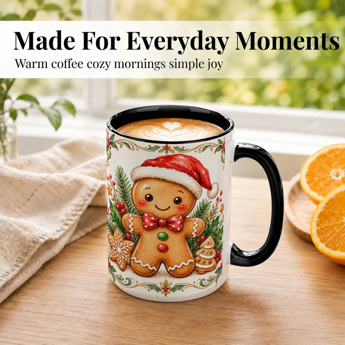 #pl[15oz|Black] Watercolor Gingerbread Coffee Mug, Christmas Cookie Mug, Ceramic Cup