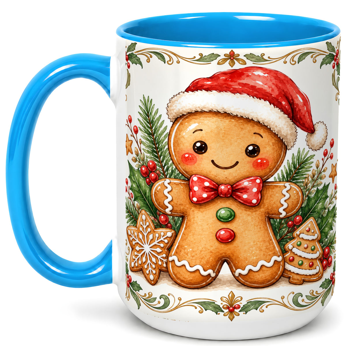#pl[15oz|Blue] Watercolor Gingerbread Coffee Mug, Christmas Cookie Mug, Ceramic Cup