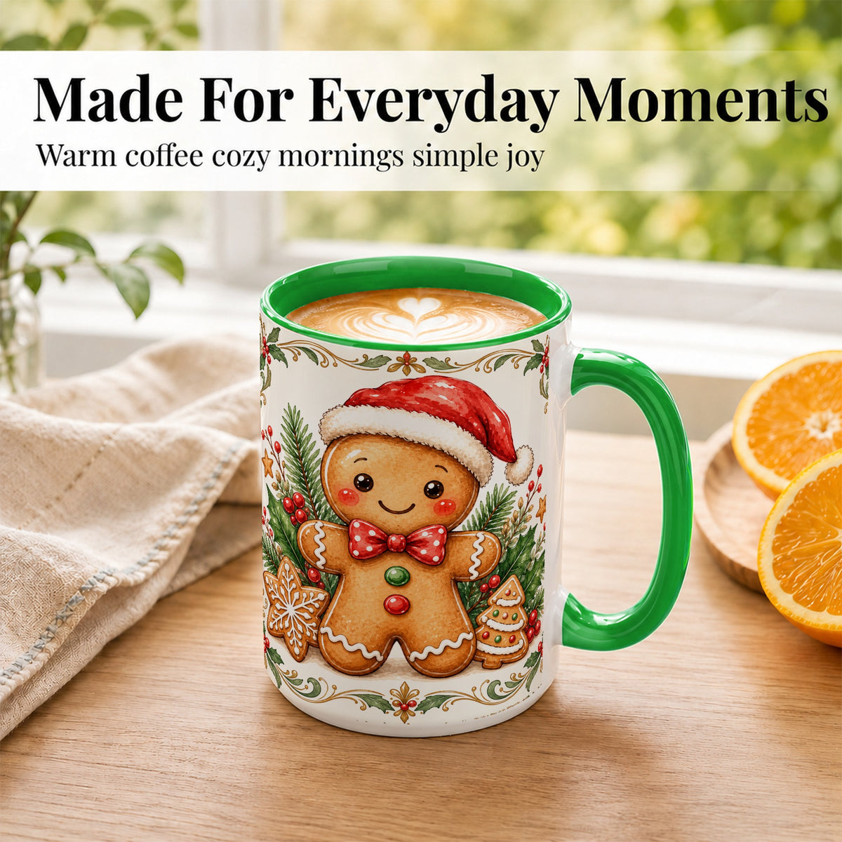 #pl[15oz|Green] Watercolor Gingerbread Coffee Mug, Christmas Cookie Mug, Ceramic Cup
