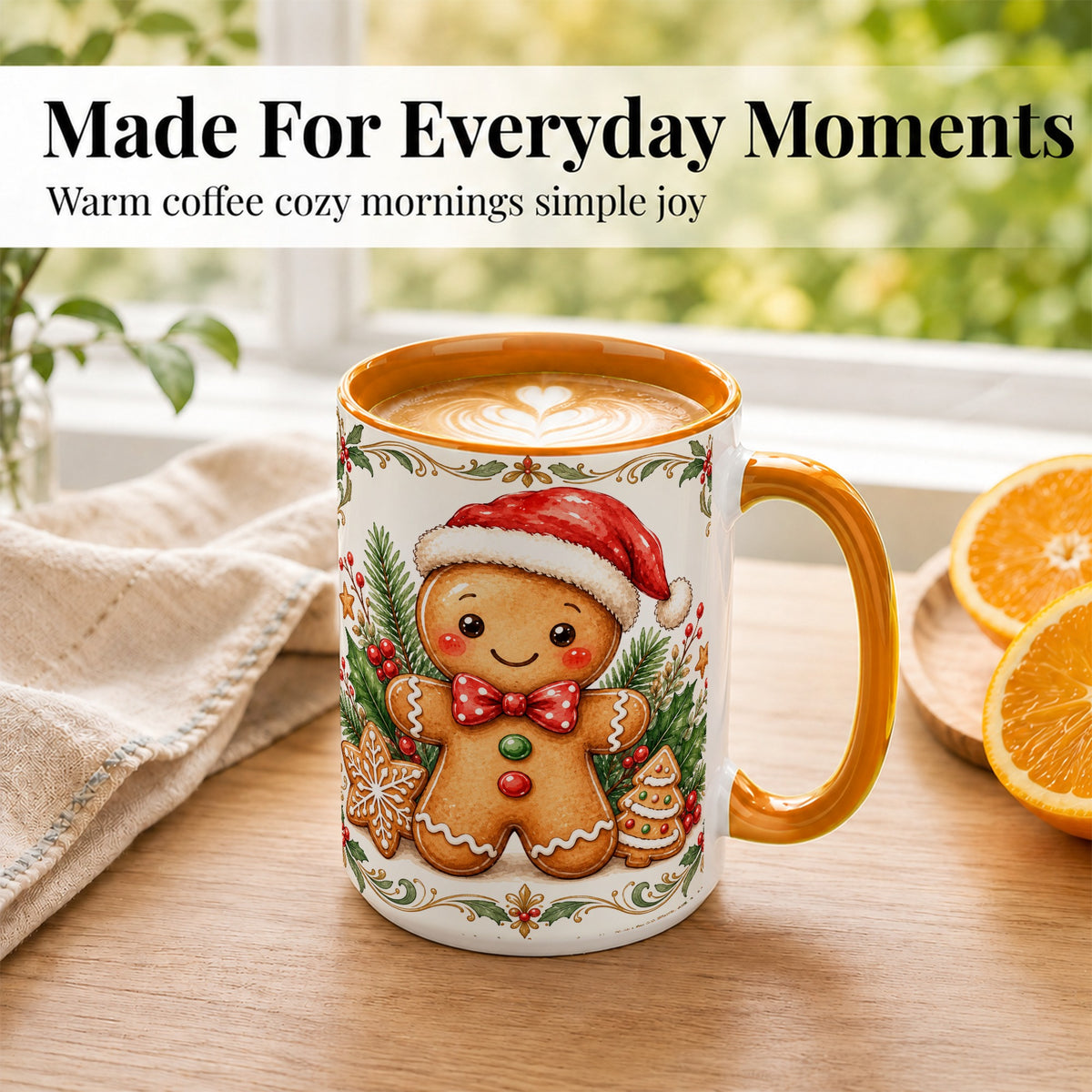 #pl[15oz|Orange] Watercolor Gingerbread Coffee Mug, Christmas Cookie Mug, Ceramic Cup