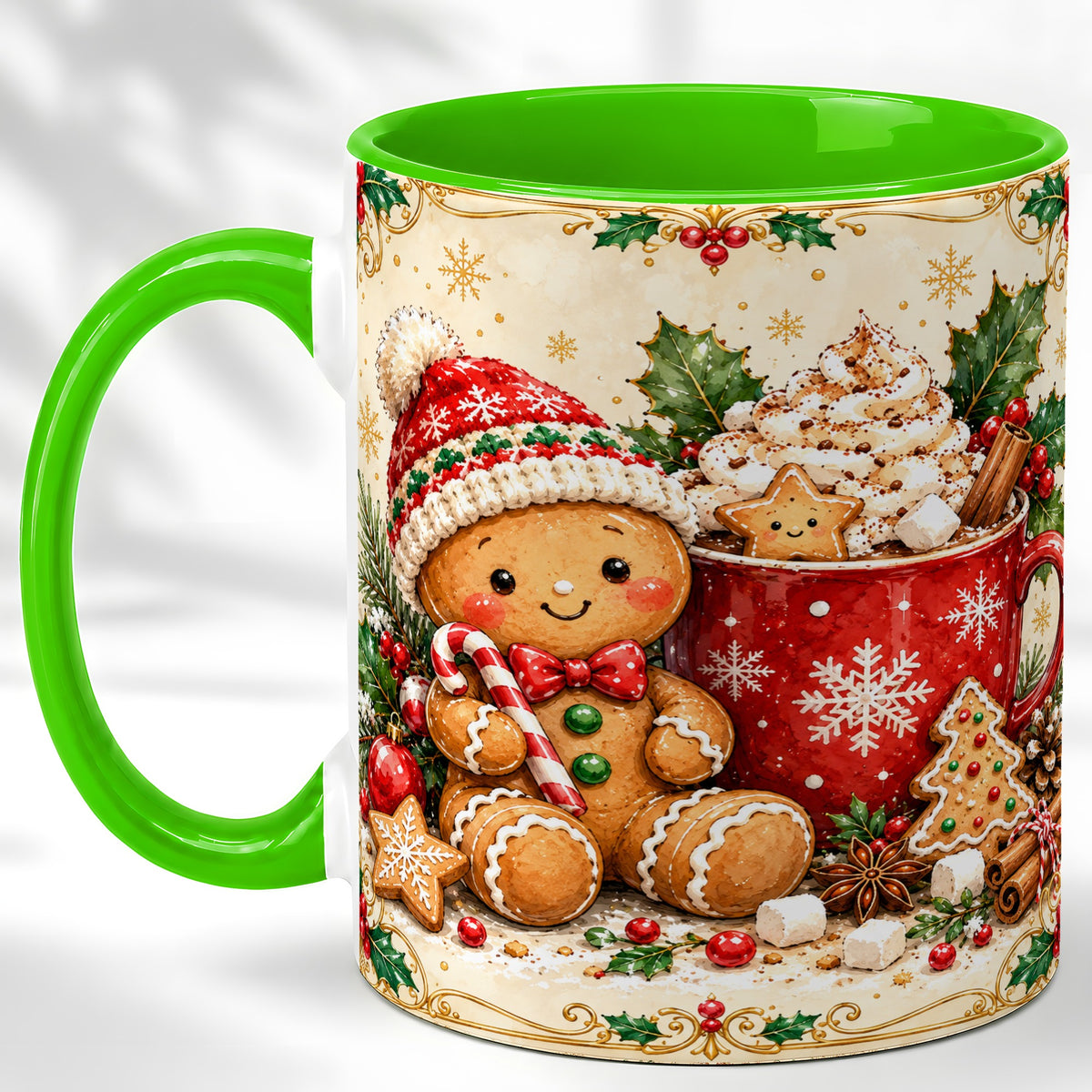 #pl[11oz|Green] Gingerbread Cocoa Coffee Mug, Christmas Cookie Mug, Ceramic Cup