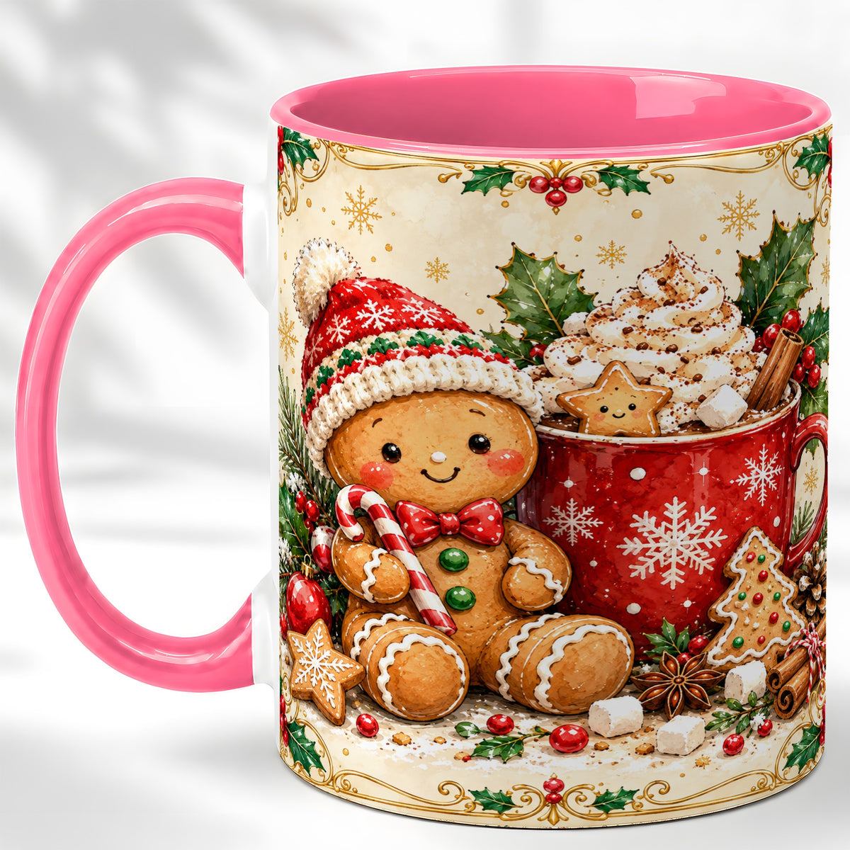 #pl[11oz|Pink] Gingerbread Cocoa Coffee Mug, Christmas Cookie Mug, Ceramic Cup