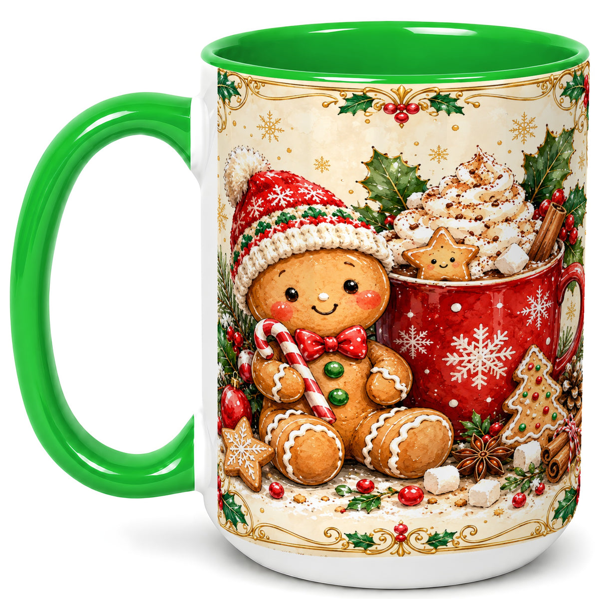 #pl[15oz|Green] Gingerbread Cocoa Coffee Mug, Christmas Cookie Mug, Ceramic Cup