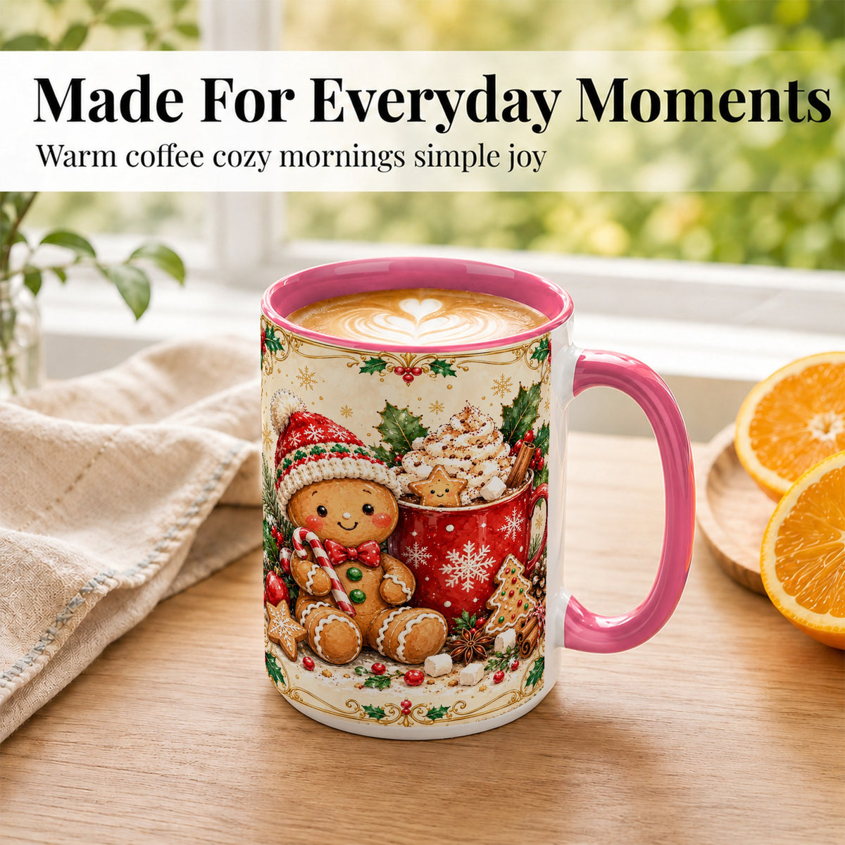 #pl[15oz|Pink] Gingerbread Cocoa Coffee Mug, Christmas Cookie Mug, Ceramic Cup