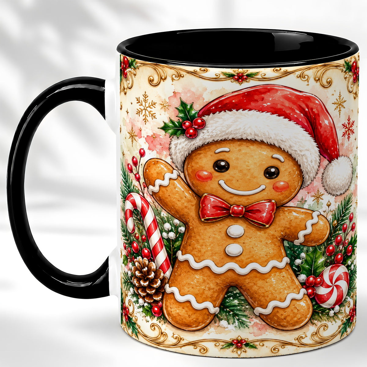 #pl[11oz|Black] Festive Gingerbread Coffee Mug, Christmas Candy Cane Mug, Ceramic Cup
