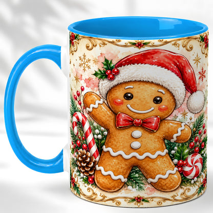 #pl[11oz|Blue] Festive Gingerbread Coffee Mug, Christmas Candy Cane Mug, Ceramic Cup