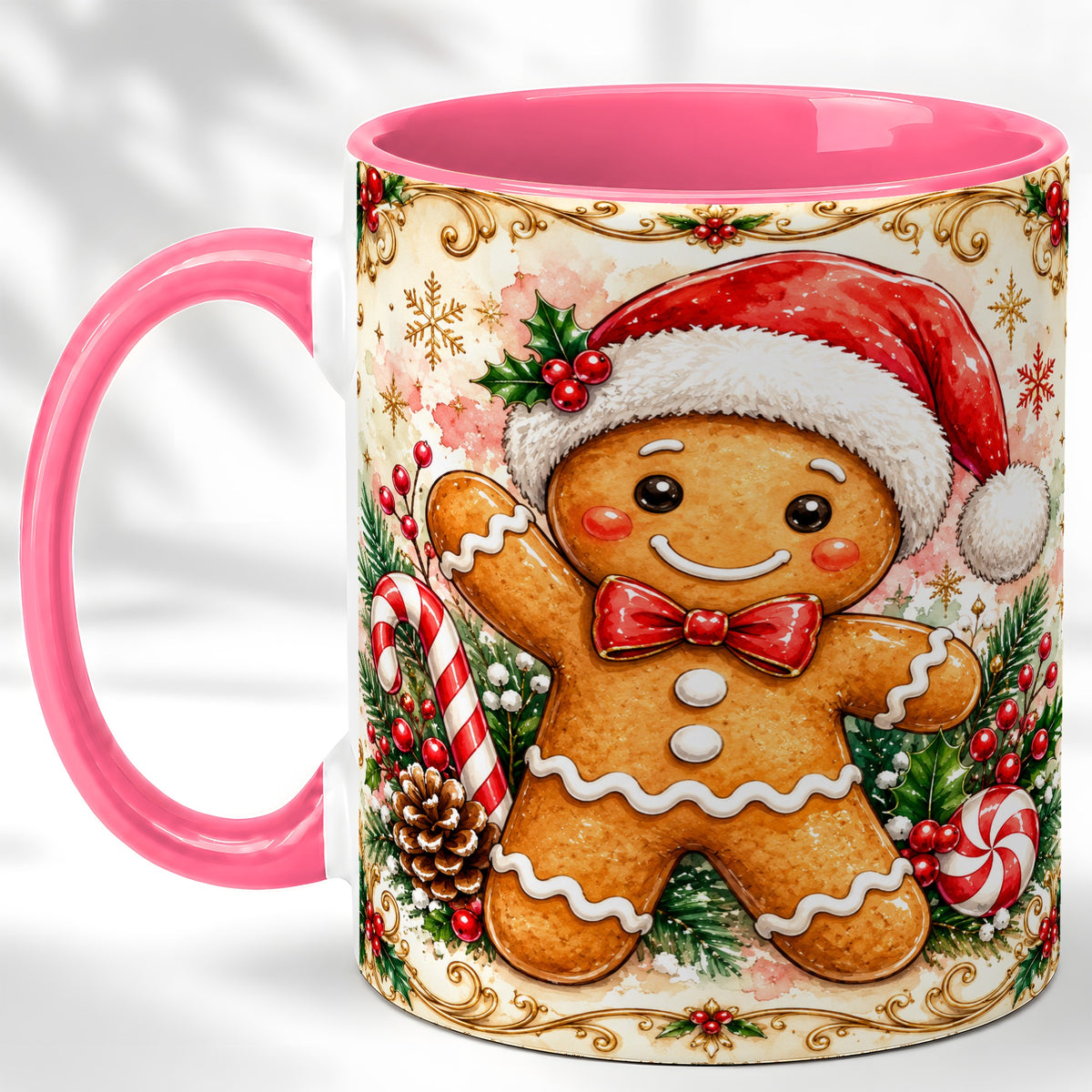 #pl[11oz|Pink] Festive Gingerbread Coffee Mug, Christmas Candy Cane Mug, Ceramic Cup