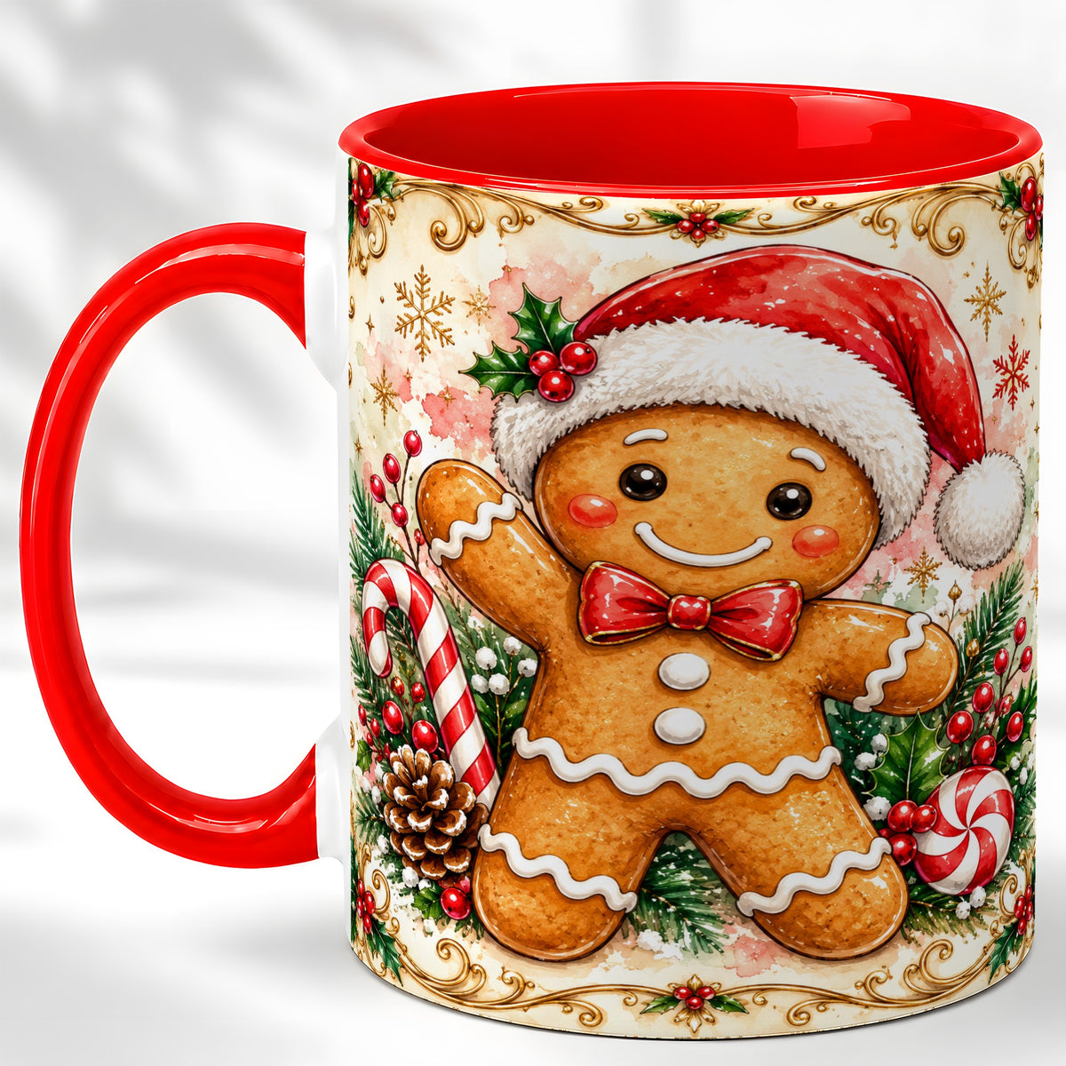Festive Gingerbread Coffee Mug, Christmas Candy Cane Mug, Ceramic Cup