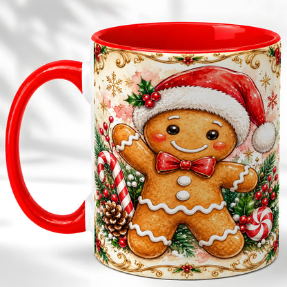 Festive Gingerbread Coffee Mug, Christmas Candy Cane Mug, Ceramic Cup