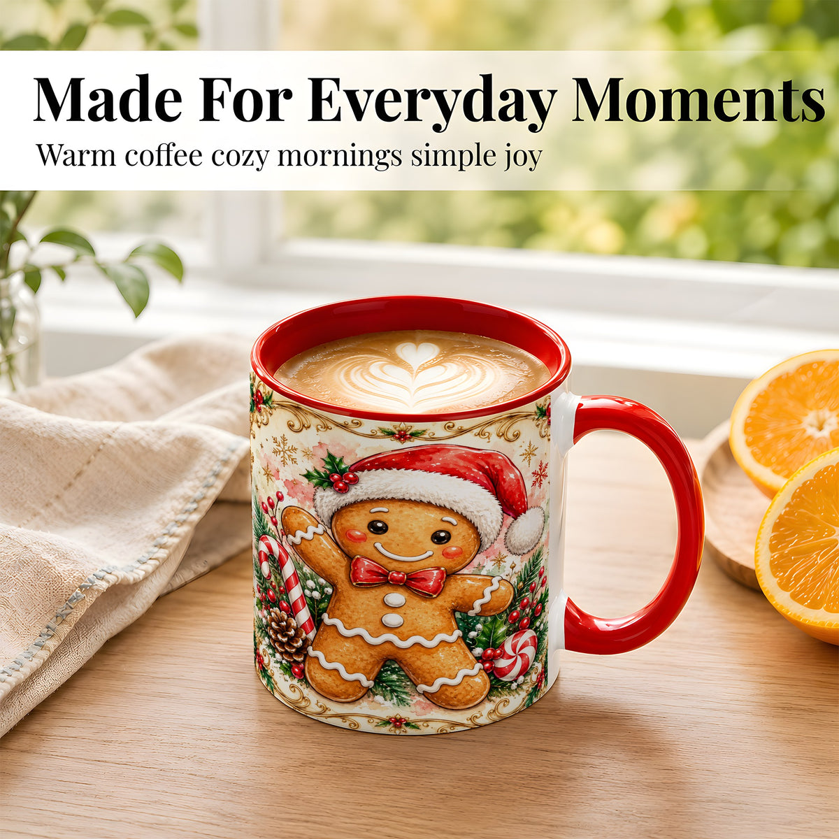 #pl[11oz|Red] Festive Gingerbread Coffee Mug, Christmas Candy Cane Mug, Ceramic Cup