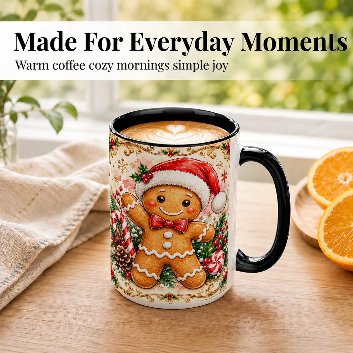 #pl[15oz|Black] Festive Gingerbread Coffee Mug, Christmas Candy Cane Mug, Ceramic Cup