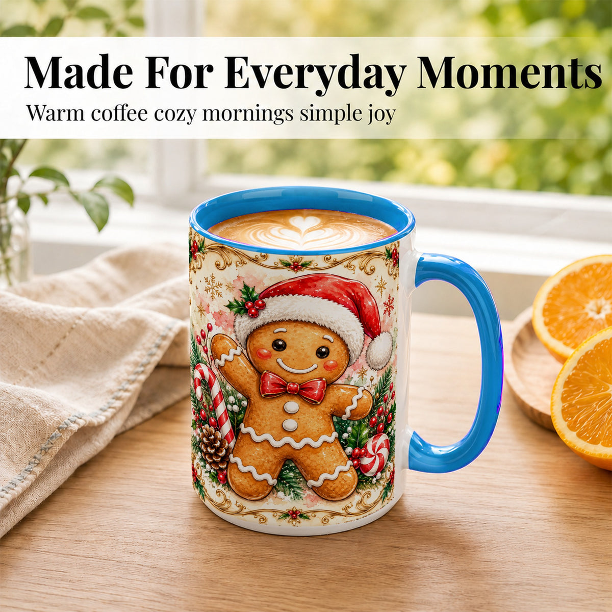 #pl[15oz|Blue] Festive Gingerbread Coffee Mug, Christmas Candy Cane Mug, Ceramic Cup