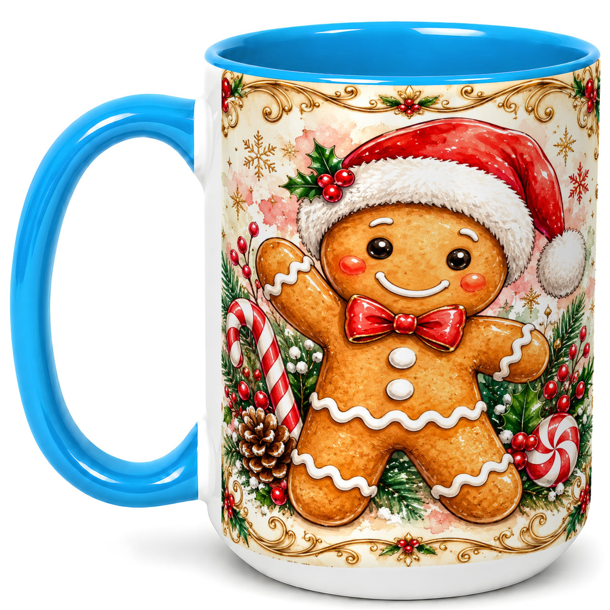 #pl[15oz|Blue] Festive Gingerbread Coffee Mug, Christmas Candy Cane Mug, Ceramic Cup
