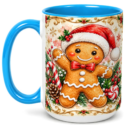 #pl[15oz|Blue] Festive Gingerbread Coffee Mug, Christmas Candy Cane Mug, Ceramic Cup