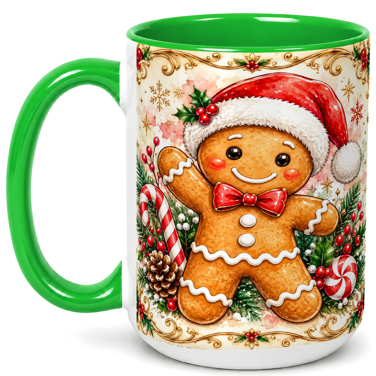 #pl[15oz|Green] Festive Gingerbread Coffee Mug, Christmas Candy Cane Mug, Ceramic Cup