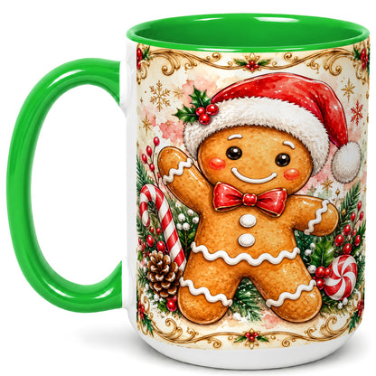 #pl[15oz|Green] Festive Gingerbread Coffee Mug, Christmas Candy Cane Mug, Ceramic Cup