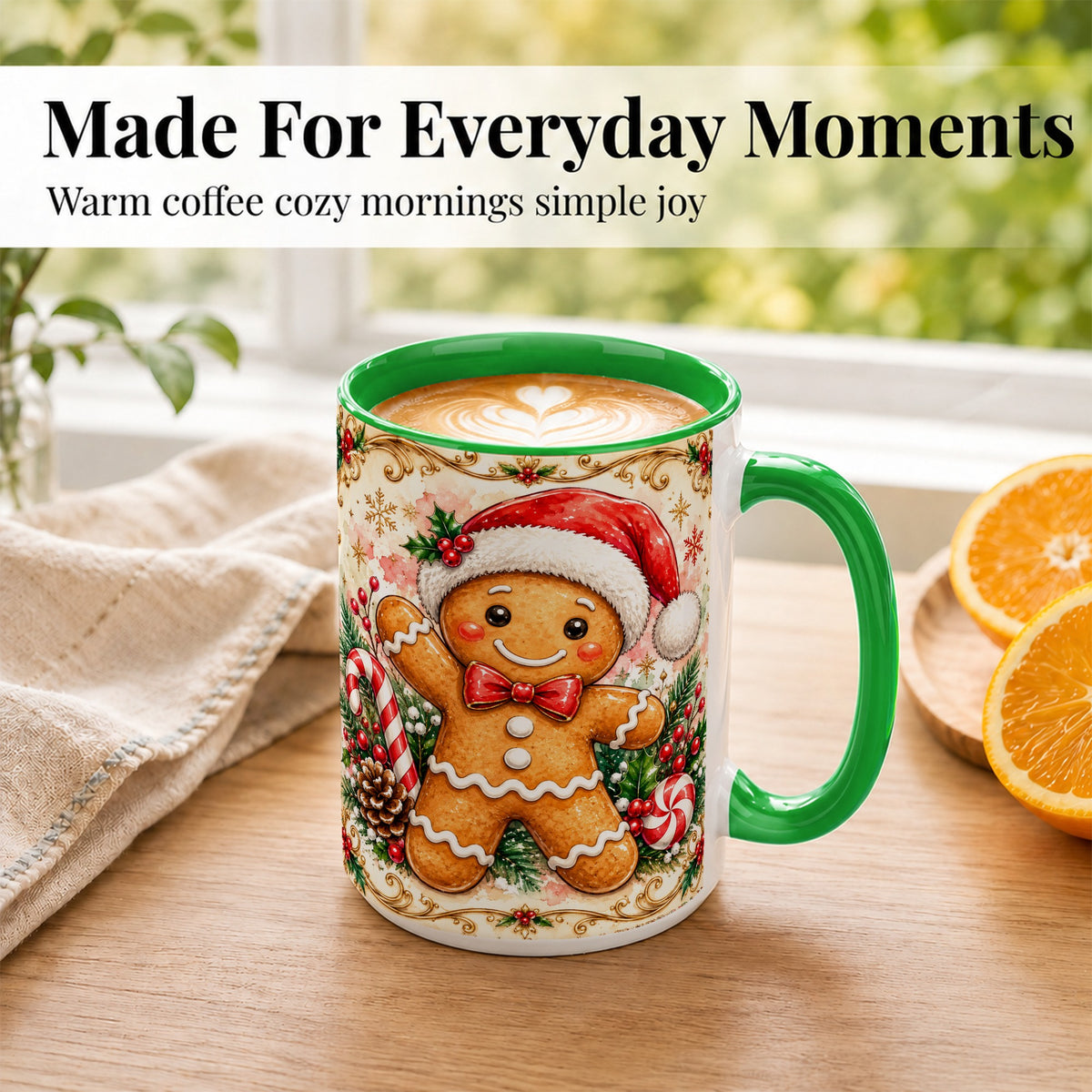 #pl[15oz|Green] Festive Gingerbread Coffee Mug, Christmas Candy Cane Mug, Ceramic Cup