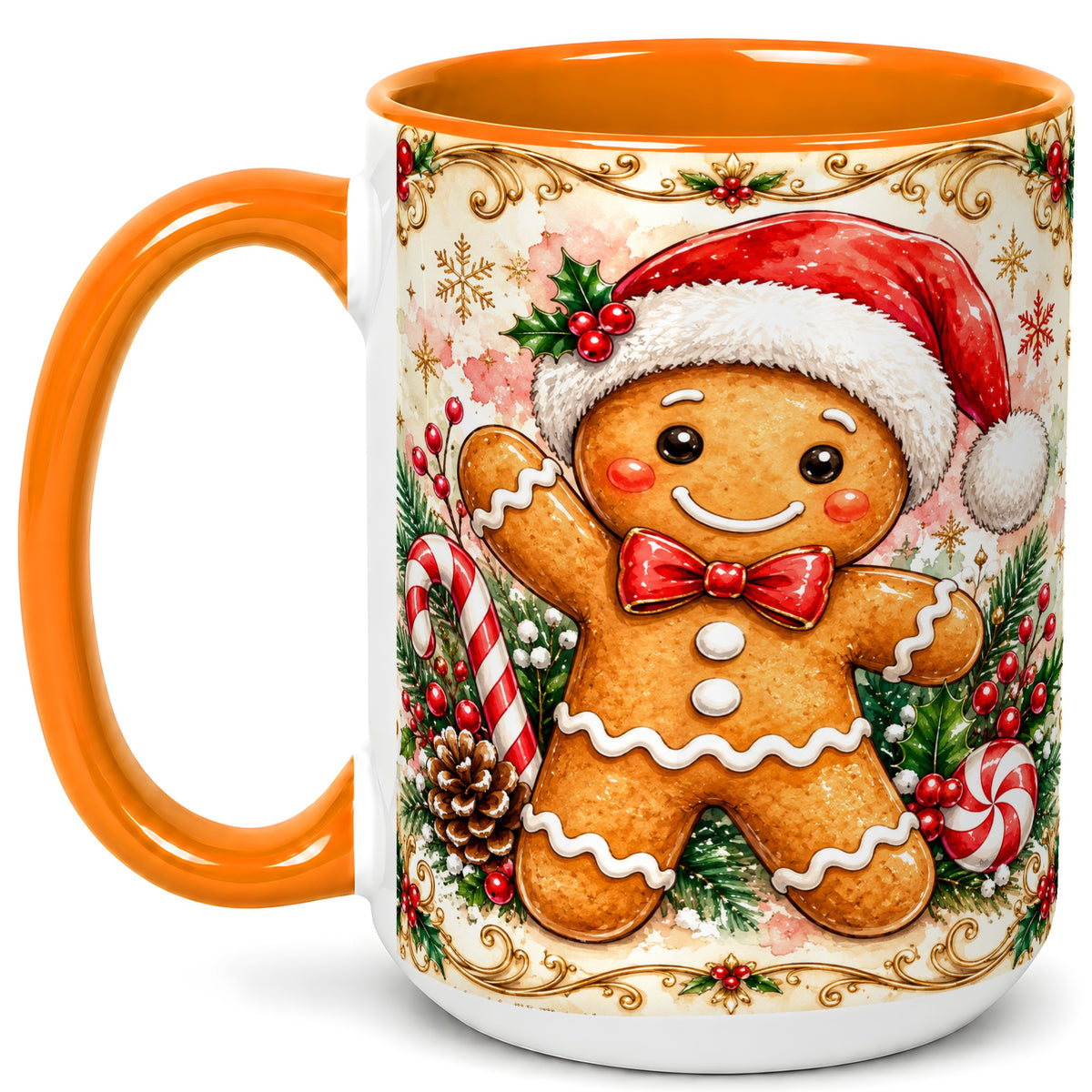 #pl[15oz|Orange] Festive Gingerbread Coffee Mug, Christmas Candy Cane Mug, Ceramic Cup