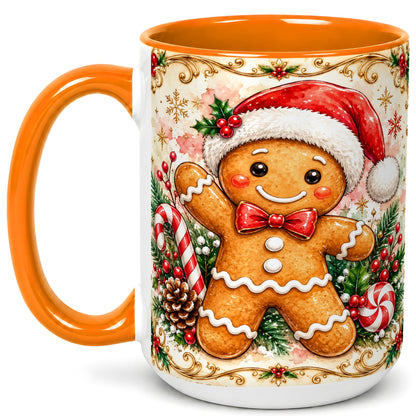 #pl[15oz|Orange] Festive Gingerbread Coffee Mug, Christmas Candy Cane Mug, Ceramic Cup