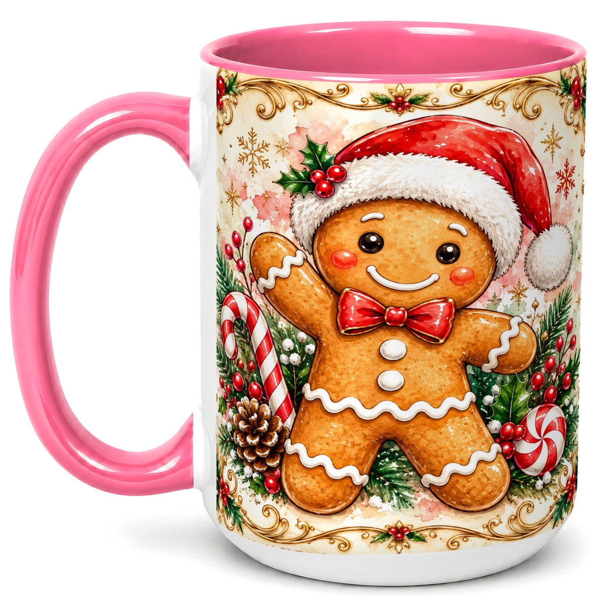 #pl[15oz|Pink] Festive Gingerbread Coffee Mug, Christmas Candy Cane Mug, Ceramic Cup