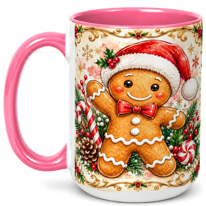 #pl[15oz|Pink] Festive Gingerbread Coffee Mug, Christmas Candy Cane Mug, Ceramic Cup