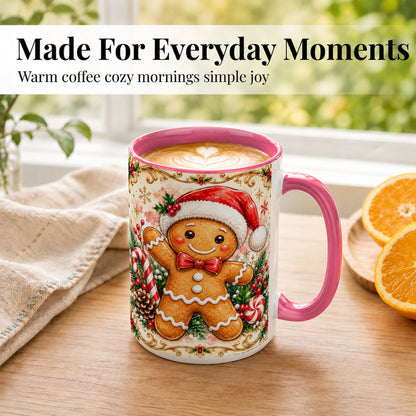 #pl[15oz|Pink] Festive Gingerbread Coffee Mug, Christmas Candy Cane Mug, Ceramic Cup