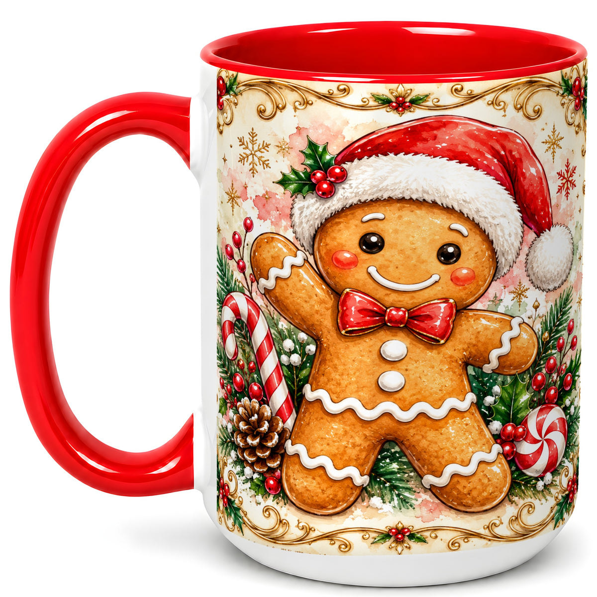 #pl[15oz|Red] Festive Gingerbread Coffee Mug, Christmas Candy Cane Mug, Ceramic Cup