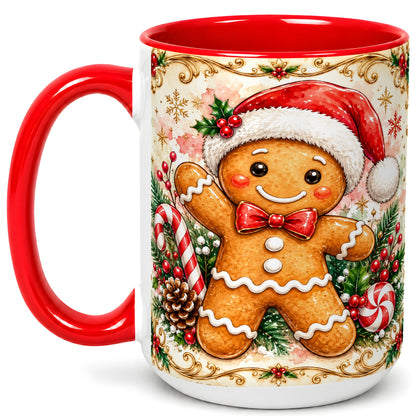 #pl[15oz|Red] Festive Gingerbread Coffee Mug, Christmas Candy Cane Mug, Ceramic Cup