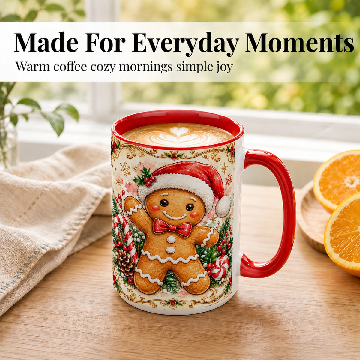 #pl[15oz|Red] Festive Gingerbread Coffee Mug, Christmas Candy Cane Mug, Ceramic Cup