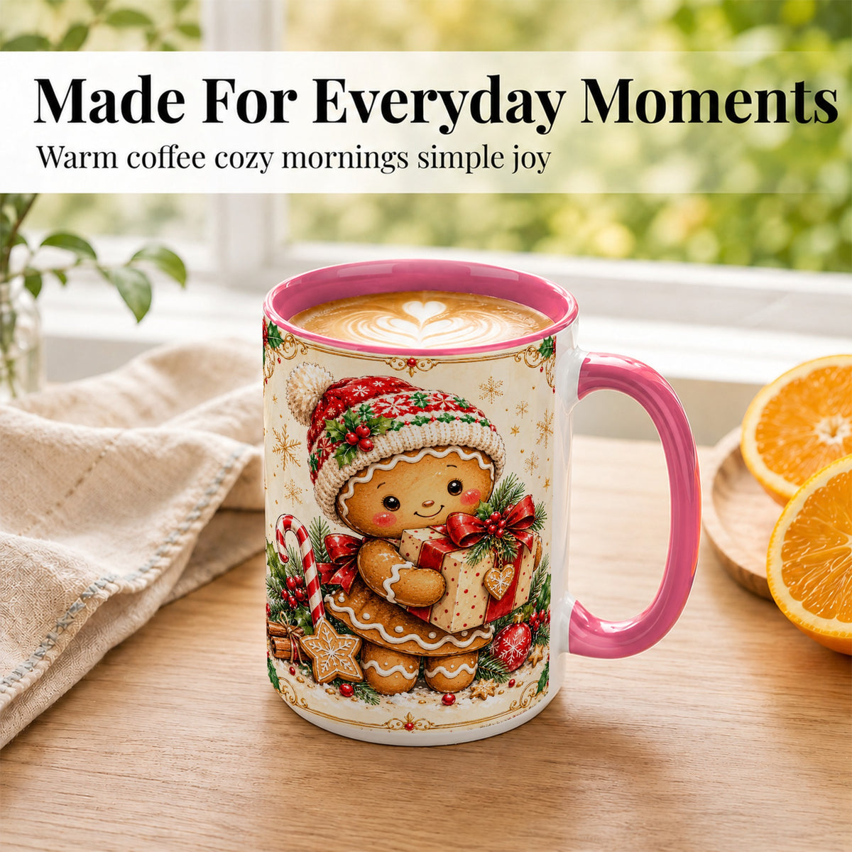 #pl[15oz|Pink] Gingerbread Christmas Coffee Mug, Holiday Cookie Mug, Ceramic Cup