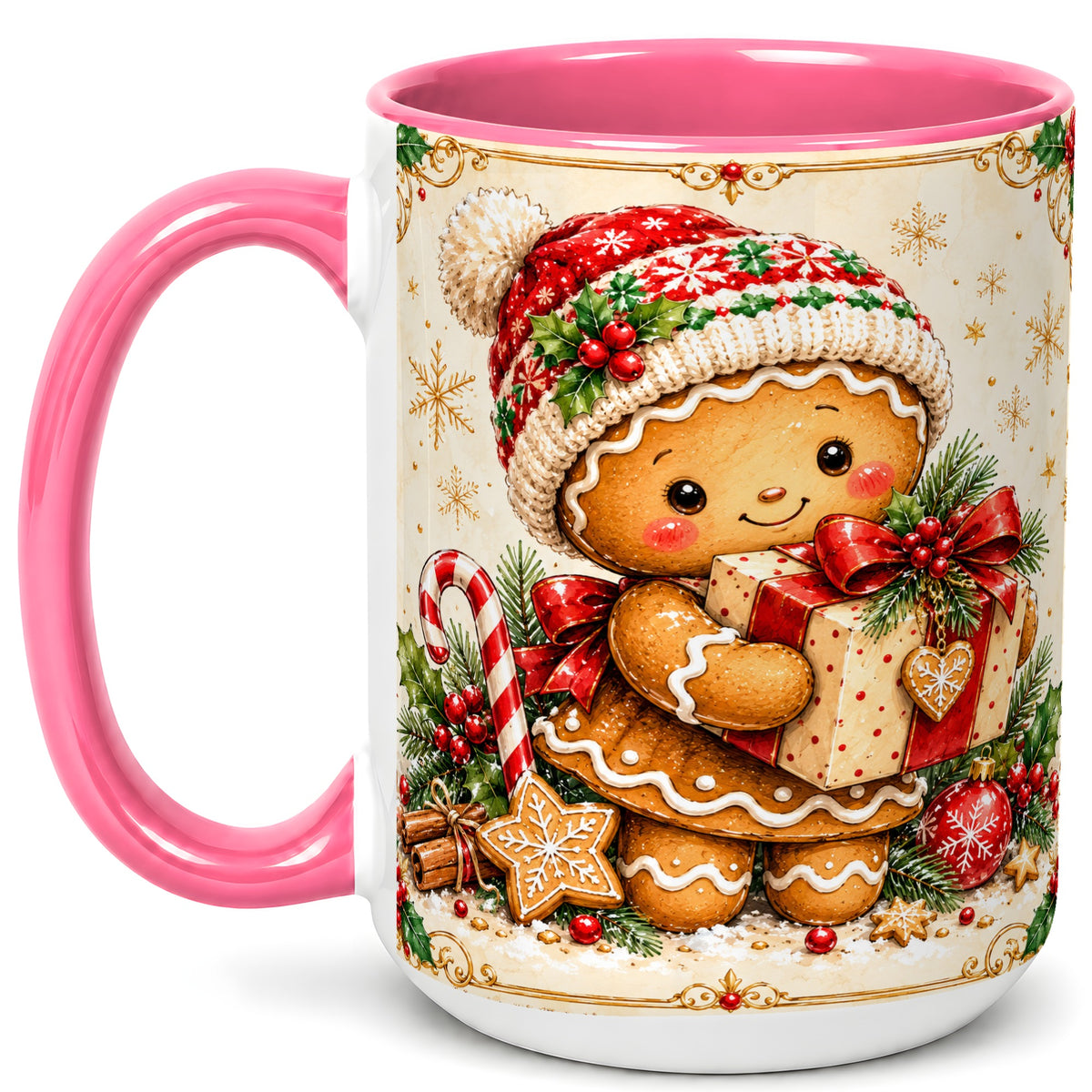 #pl[15oz|Pink] Gingerbread Christmas Coffee Mug, Holiday Cookie Mug, Ceramic Cup